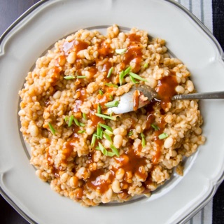 farro, navy beans, barbeque sauce, scallions